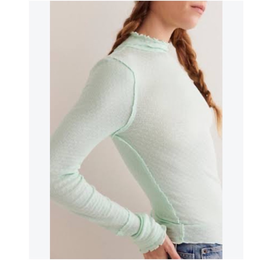 We The Free Free People Sara Pointelle Mint Mock Neck Lettuce Edge Top Size M